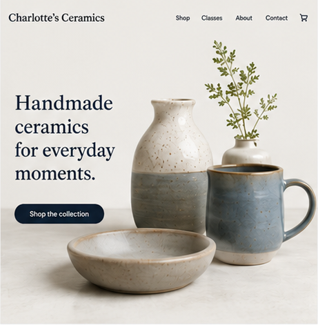 Screenshot of Charlotte's ceramics studio website